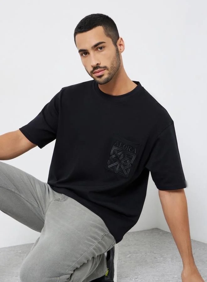 Styli Men Black Embroidered Oversized T-Shirt